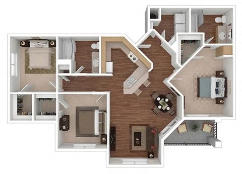 Floor plan for 3 beds, 2 baths, 1240 sqft